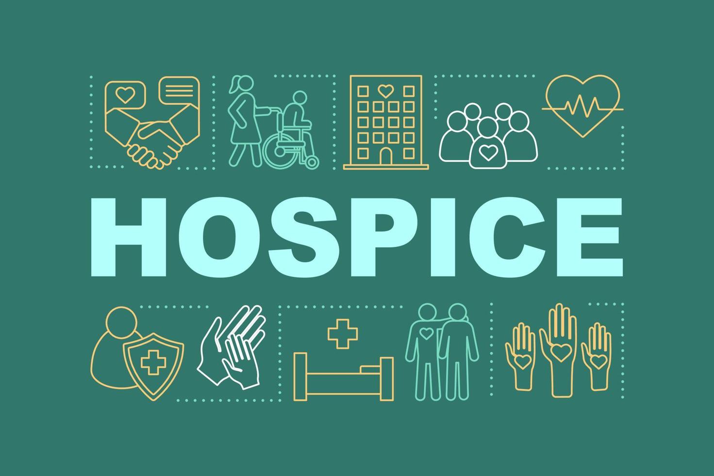 hospice woord concepten banner. gezondheidszorg voor zieke, terminaal zieke, oude mensen. presentatie, website. geïsoleerde belettering typografie idee met lineaire pictogrammen. medische zorg. vector overzicht illustratie