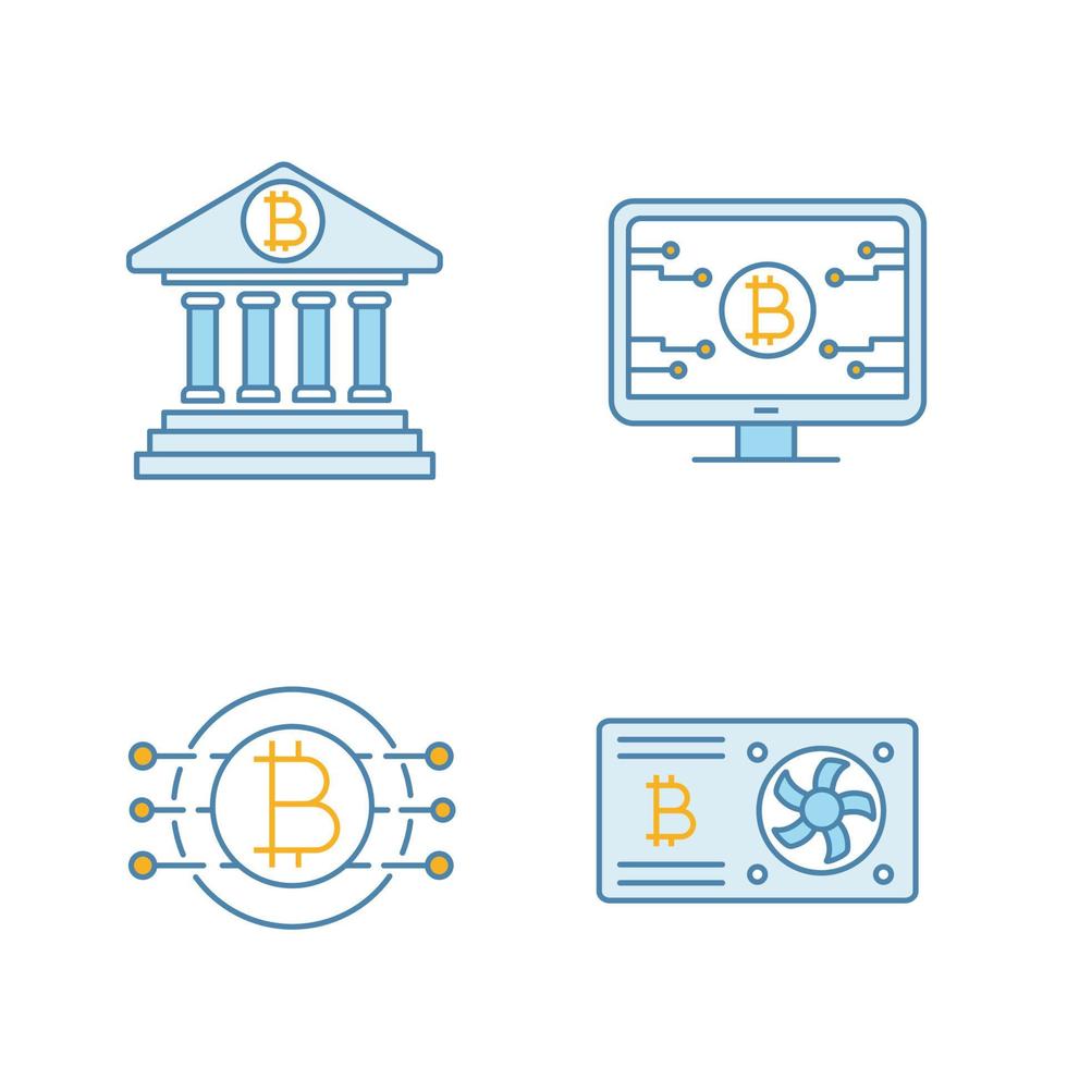 bitcoin cryptocurrency gekleurde pictogrammen instellen. online bankieren, bitcoin officiële webpagina, grafische kaart, cpu-mining. geïsoleerde vectorillustraties vector