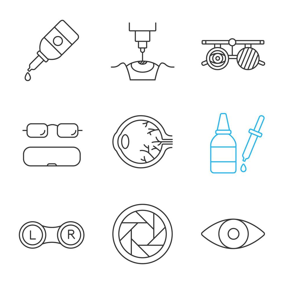 oogheelkunde lineaire pictogrammen instellen. oogdruppels en druppelaar, laserchirurgie, onderzoeksbril, brillenkoker, lenzendoosje, diafragma, gezichtsvermogen. dunne lijn contour symbolen. geïsoleerde vectoroverzichtsillustraties vector