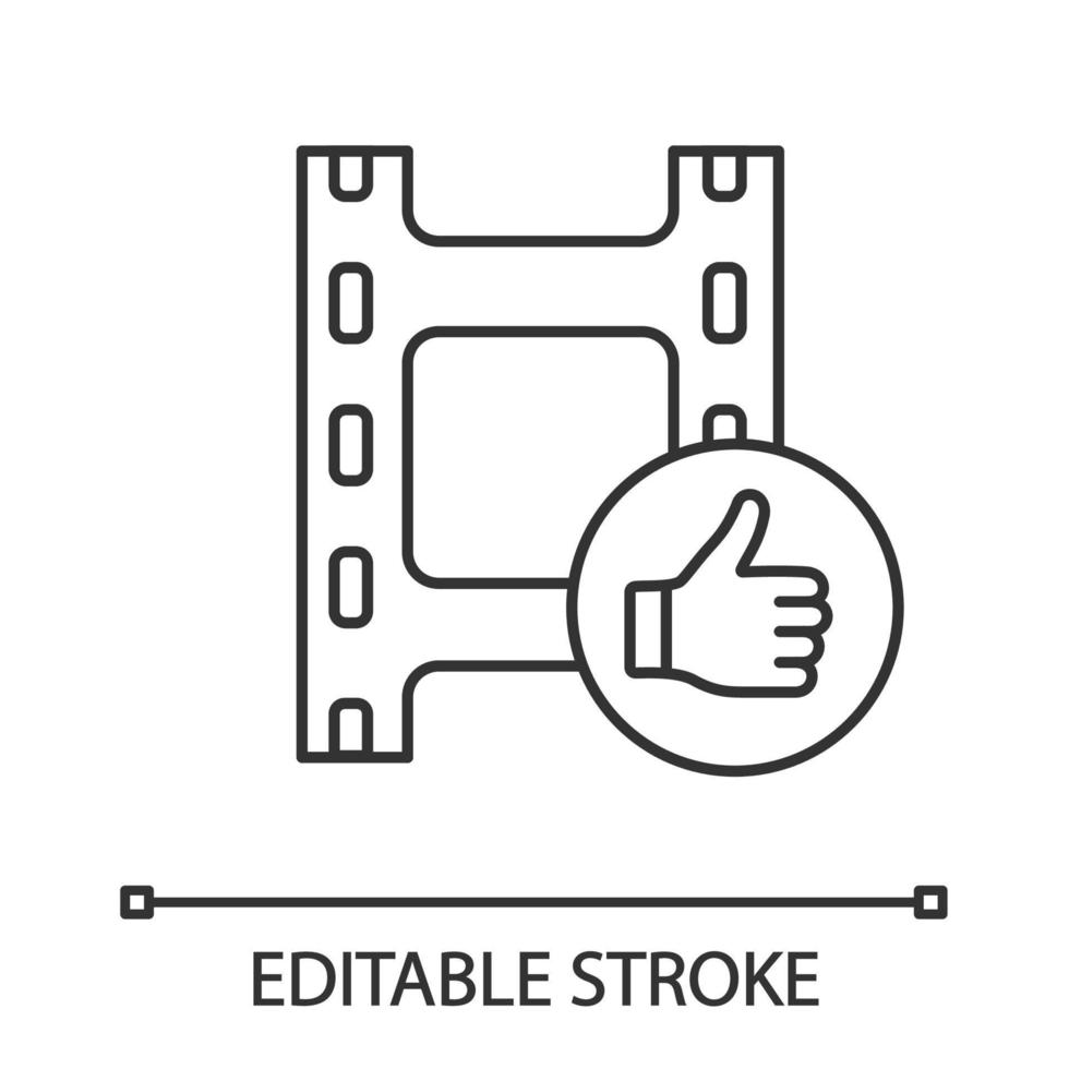 post-productie lineaire pictogram. uiteindelijke gemonteerde film. goedgekeurde film. dunne lijn illustratie. definitieve snede. film recensie. filmtrim met duimen omhoog. contour vector geïsoleerde overzichtstekening. bewerkbare streek