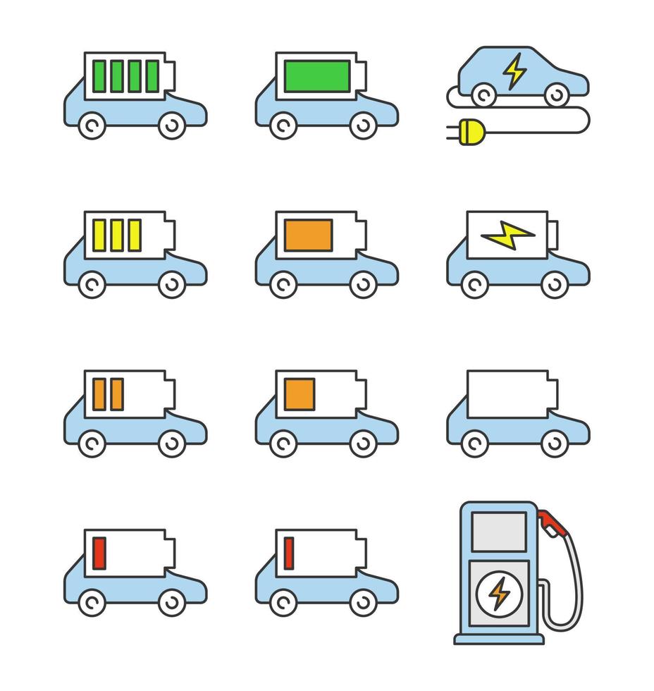 elektrische auto batterij opladen kleur iconen set. indicator van het batterijniveau van de auto. hoge, midden en lage lading. milieuvriendelijke auto. geïsoleerde vectorillustraties vector