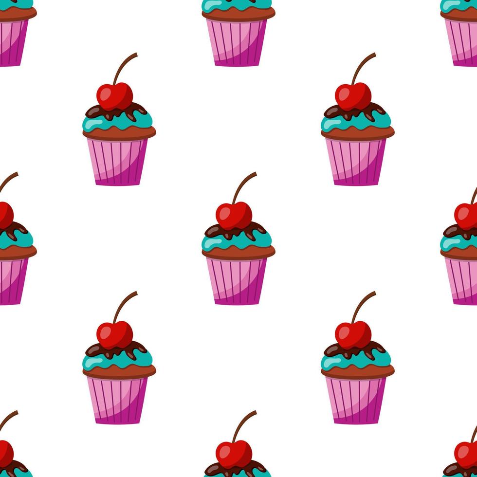 naadloos cupcakepatroon met blauwe room, chocoladeglans en kers. vectorillustratie op een witte achtergrond vector