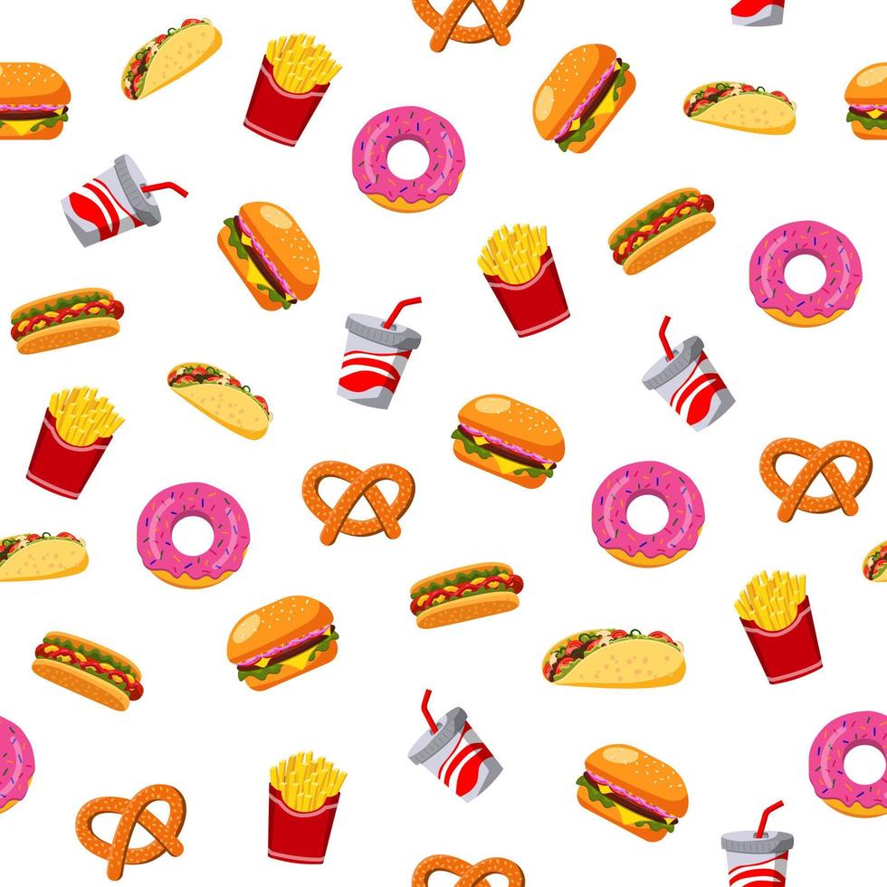 naadloos patroon van fastfood, hamburger, hotdogs, friet. vectorillustratie op een witte achtergrond vector