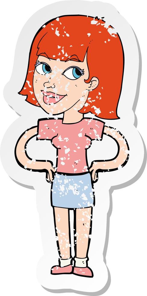 retro noodlijdende sticker van een cartoon gelukkige vrouw met handen op de heupen vector