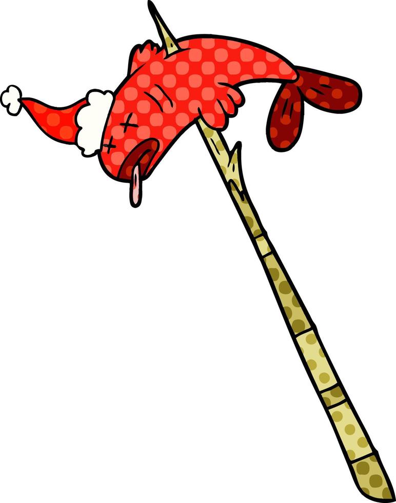 stripboekstijlillustratie van een vis met een speer die een kerstmuts draagt vector
