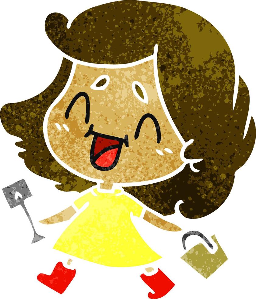 retro cartoon van schattig kawaii meisje met emmer en schop vector
