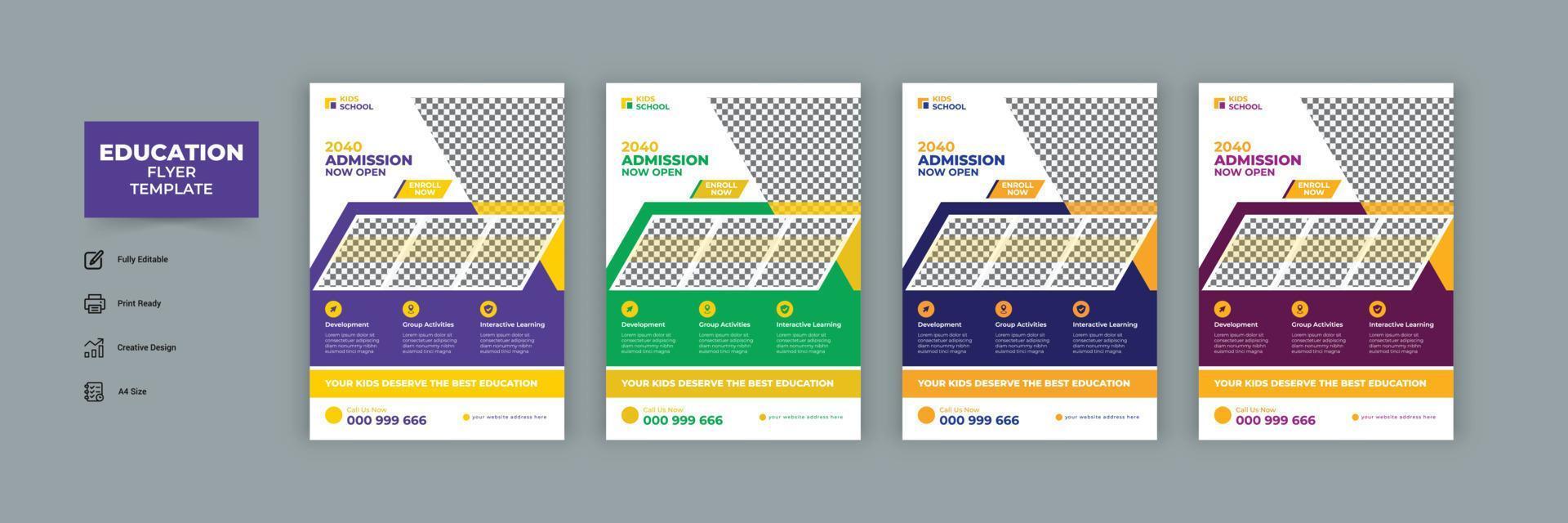 kinderen schoolonderwijs toelating flyer en terug naar school toelating flyer sjabloonontwerp. vector