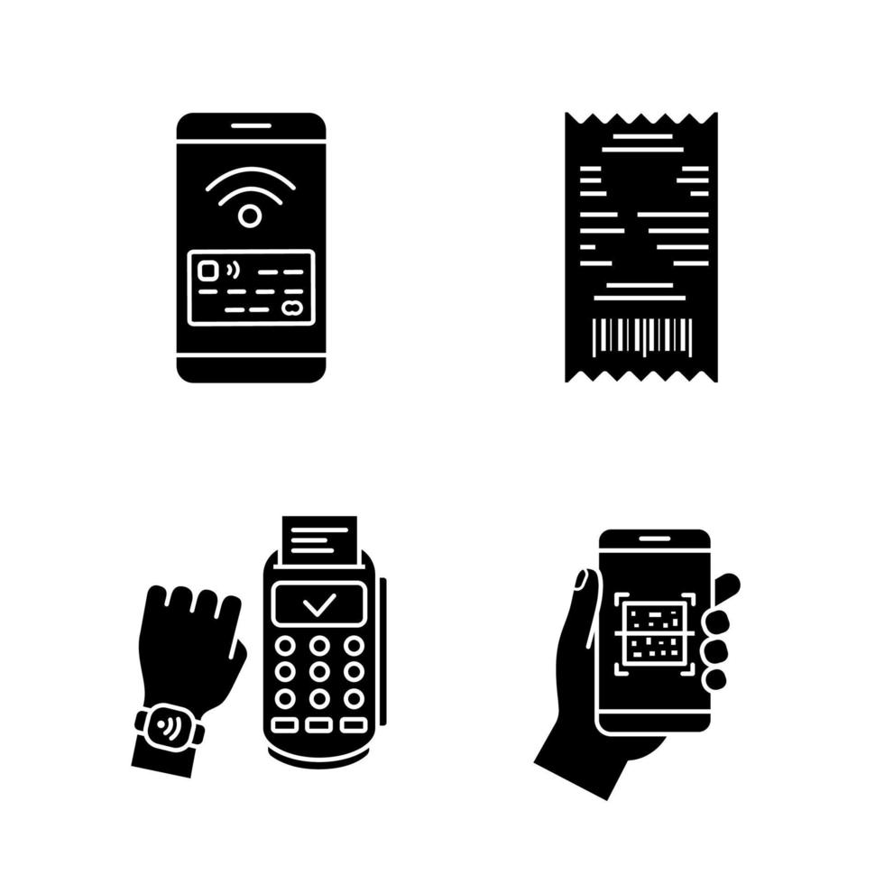 nfc betaling glyph pictogrammen instellen. kassabon, qr-codescanner, nfc-smartphone en smartwatch. silhouet symbolen. vector geïsoleerde illustratie