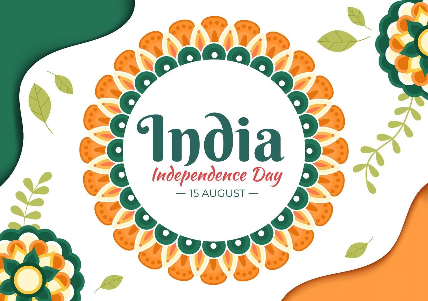 gelukkige indische onafhankelijkheidsdag die elk jaar in augustus wordt gevierd met vlaggen, mensenkarakter en ashoka-wielen in de cartoonstijlillustratie vector