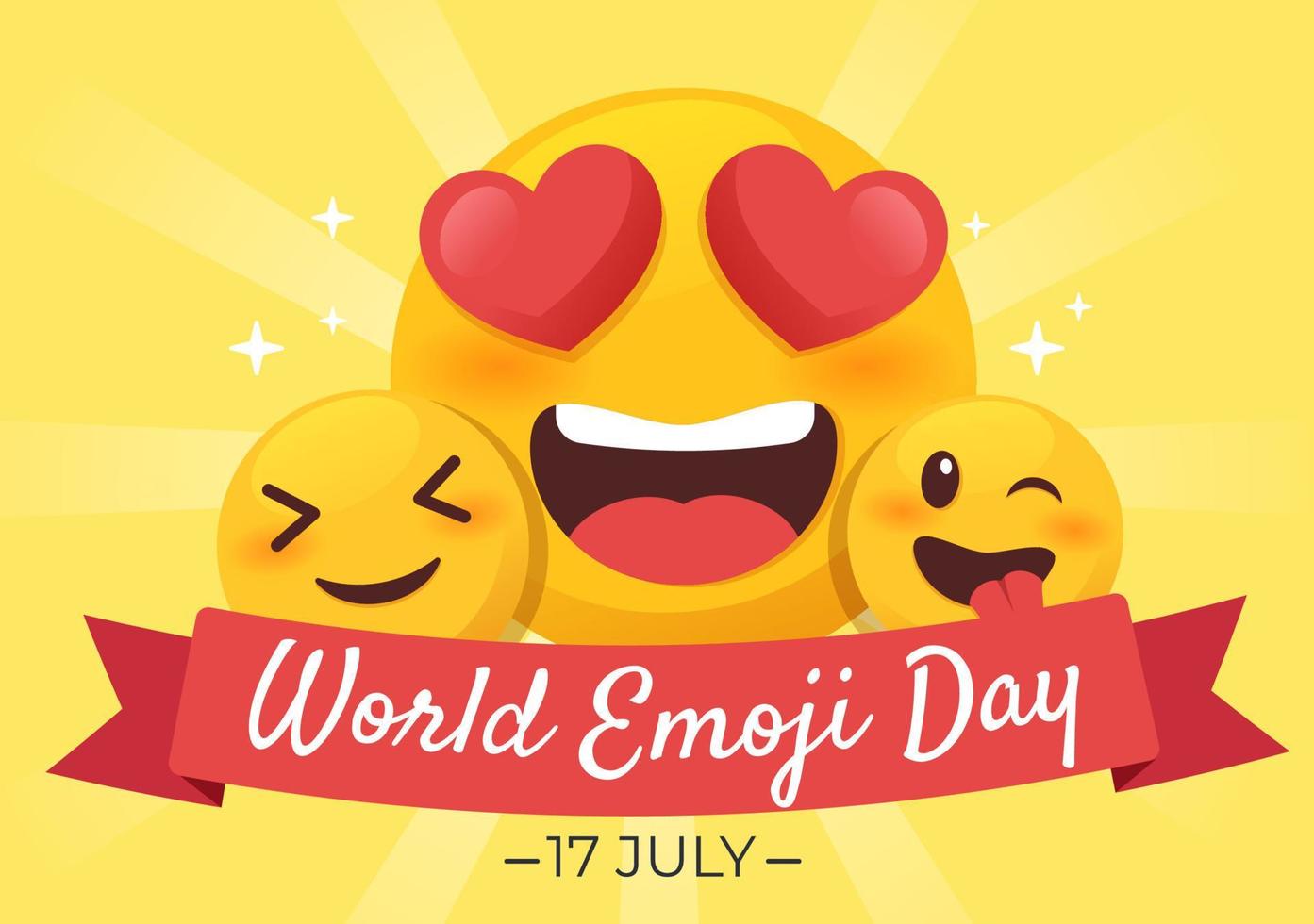 wereld emoji-dagviering met evenementen en productreleases in verschillende gezichtsuitdrukkingen, schattige cartoonvorm in platte achtergrondillustratie vector