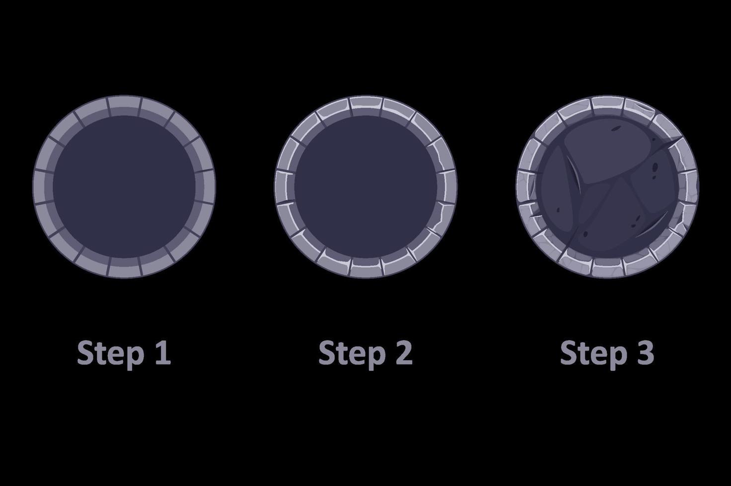 gui stenen rand voor app-pictogram, 3 stappen die grijze frames tekenen voor spel. vectorillustratie instellen ronde sjablonen in verbetering voor grafisch ontwerp. vector