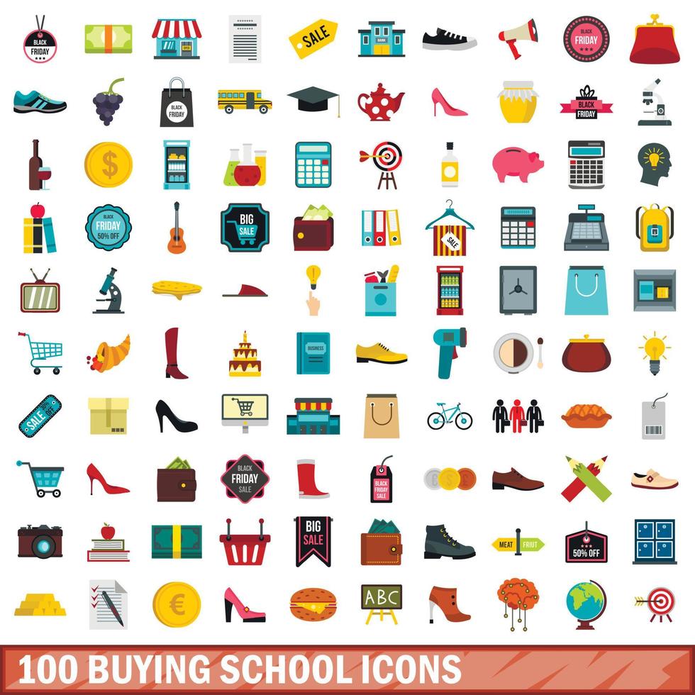 100 koopschool iconen set, vlakke stijl vector