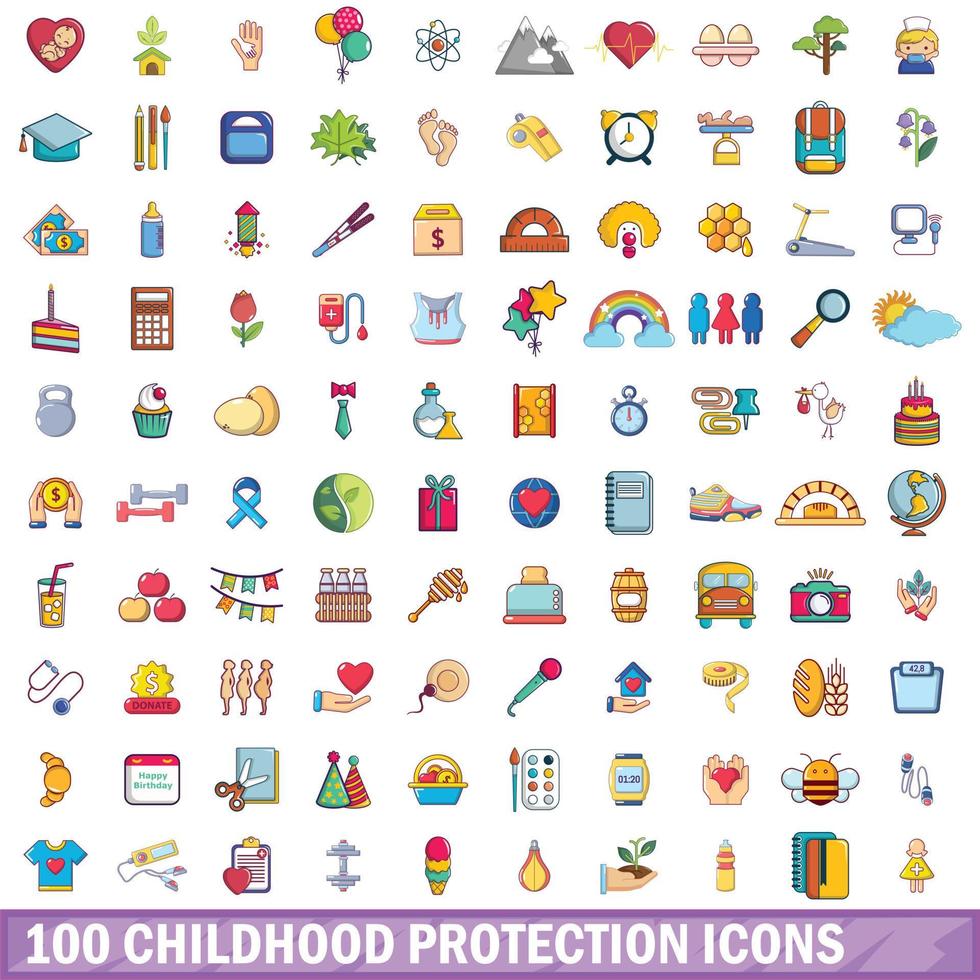 100 kinderbescherming iconen set, cartoon stijl vector