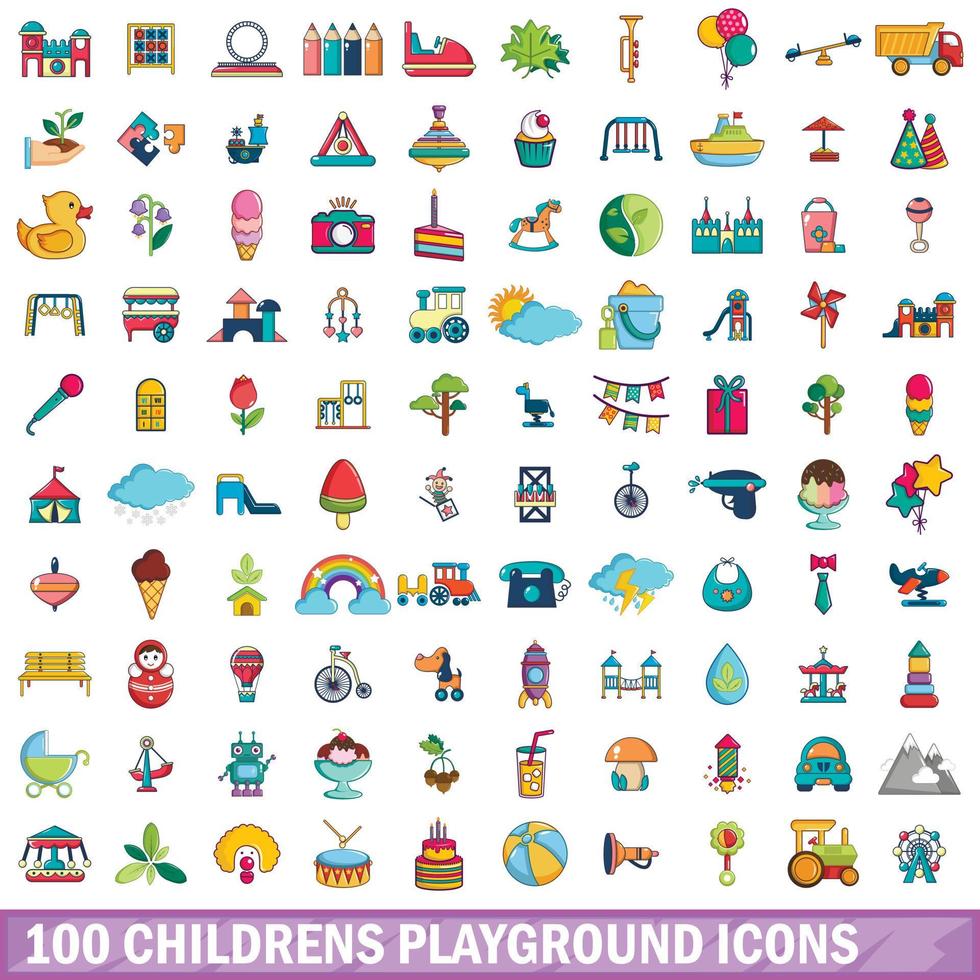 100 kinderspeelplaats iconen set, cartoon stijl vector