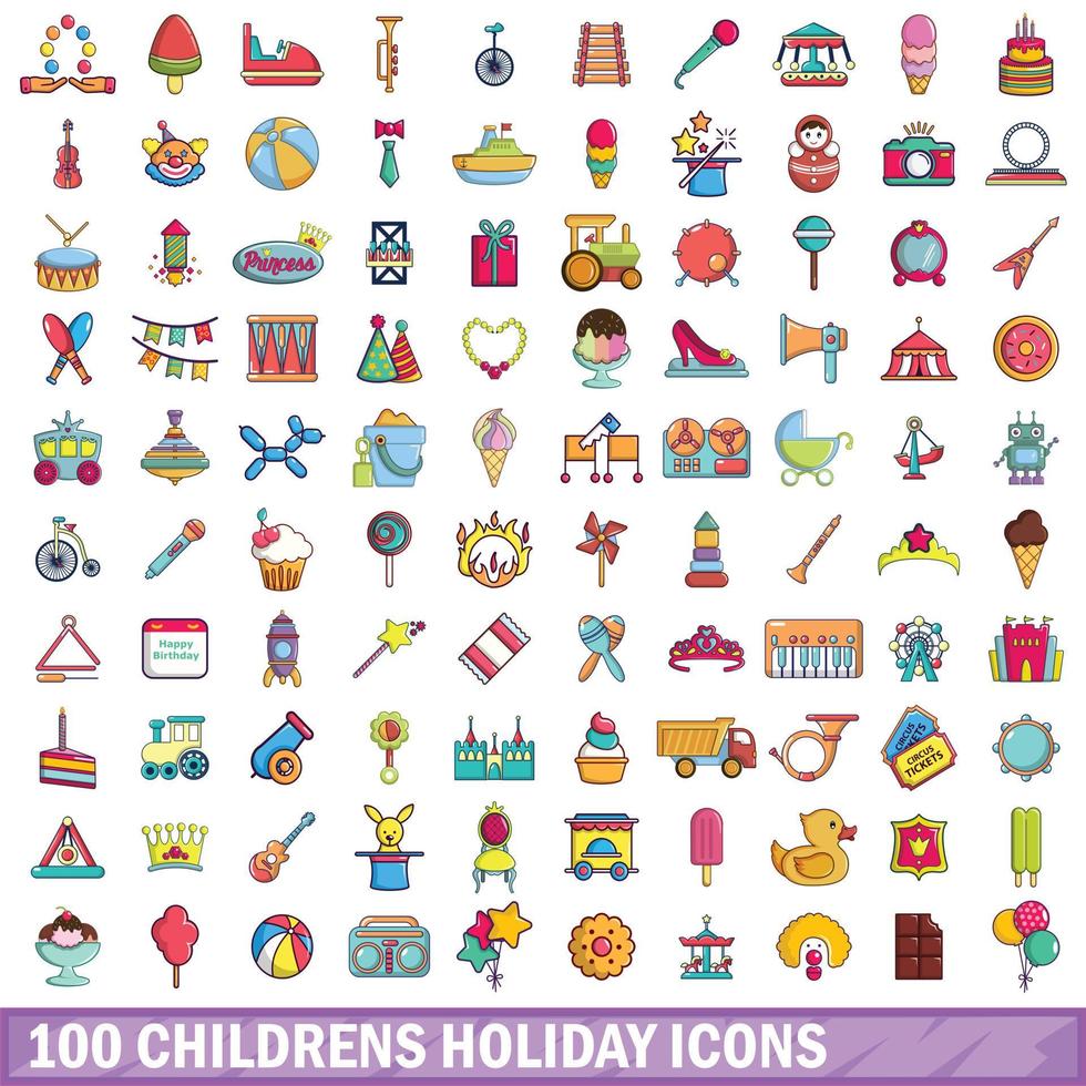 100 kindervakantie iconen set, cartoon stijl vector