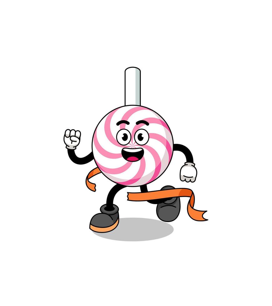 mascotte cartoon van lolly-spiraal die op de finishlijn loopt vector