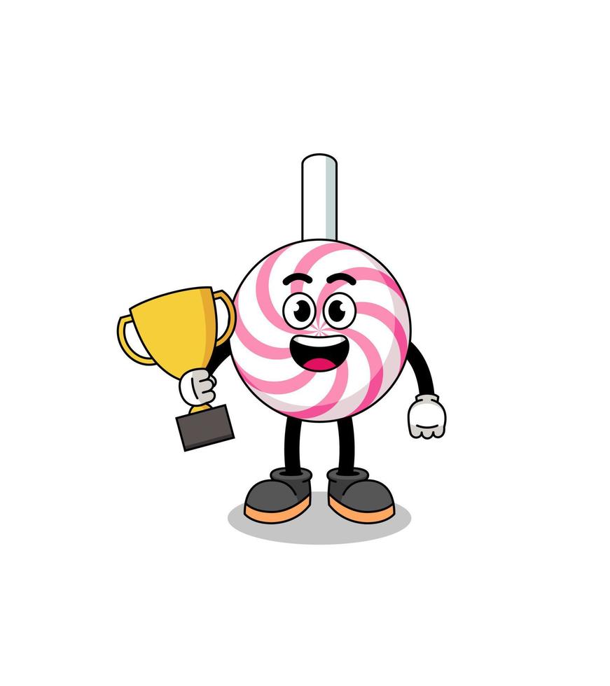 cartoon mascotte van lolly spiraal met een trofee vector