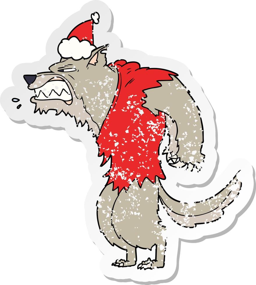 boze weerwolf verontruste sticker cartoon van een dragende kerstmuts vector