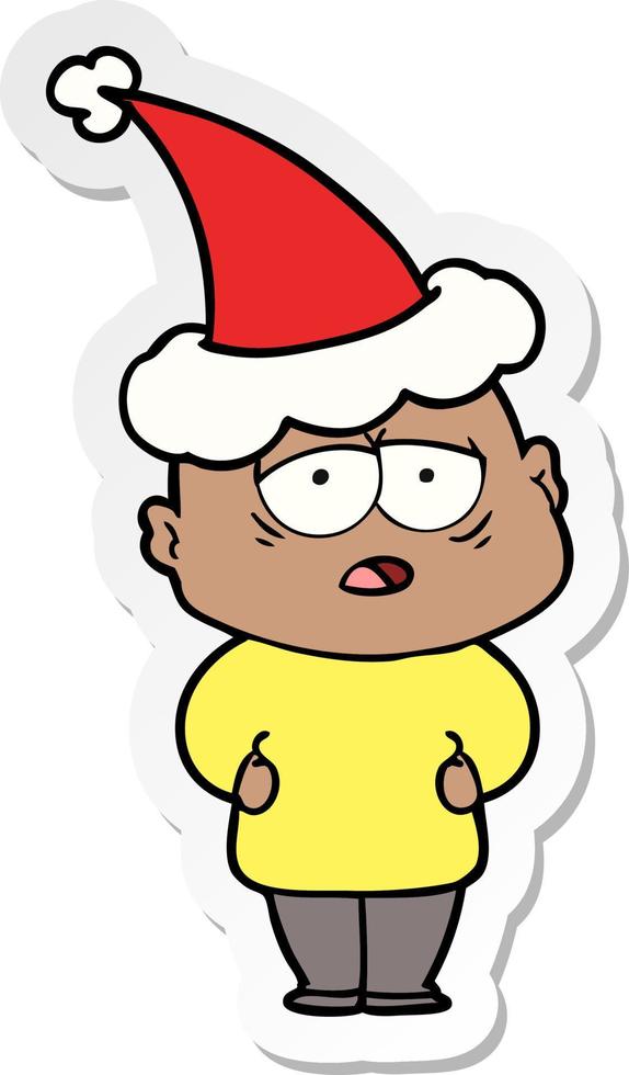 sticker cartoon van een vermoeide kale man met een kerstmuts vector