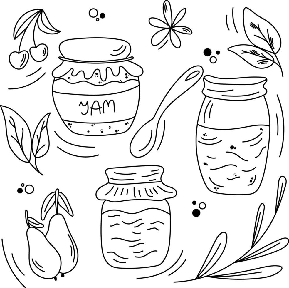 set glazen potten bessenjam. herfst oogstseizoen. doodle illustratie vector