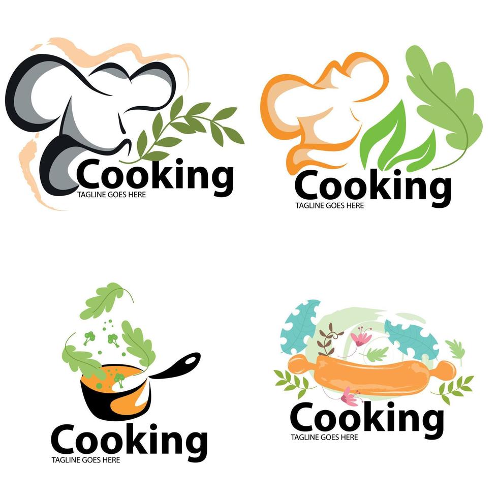 kooklogo set met koksmuts, pan, meelmolen en groenten. leuk symboolidee met kleurrijke materialen. vectorpictogram. vector