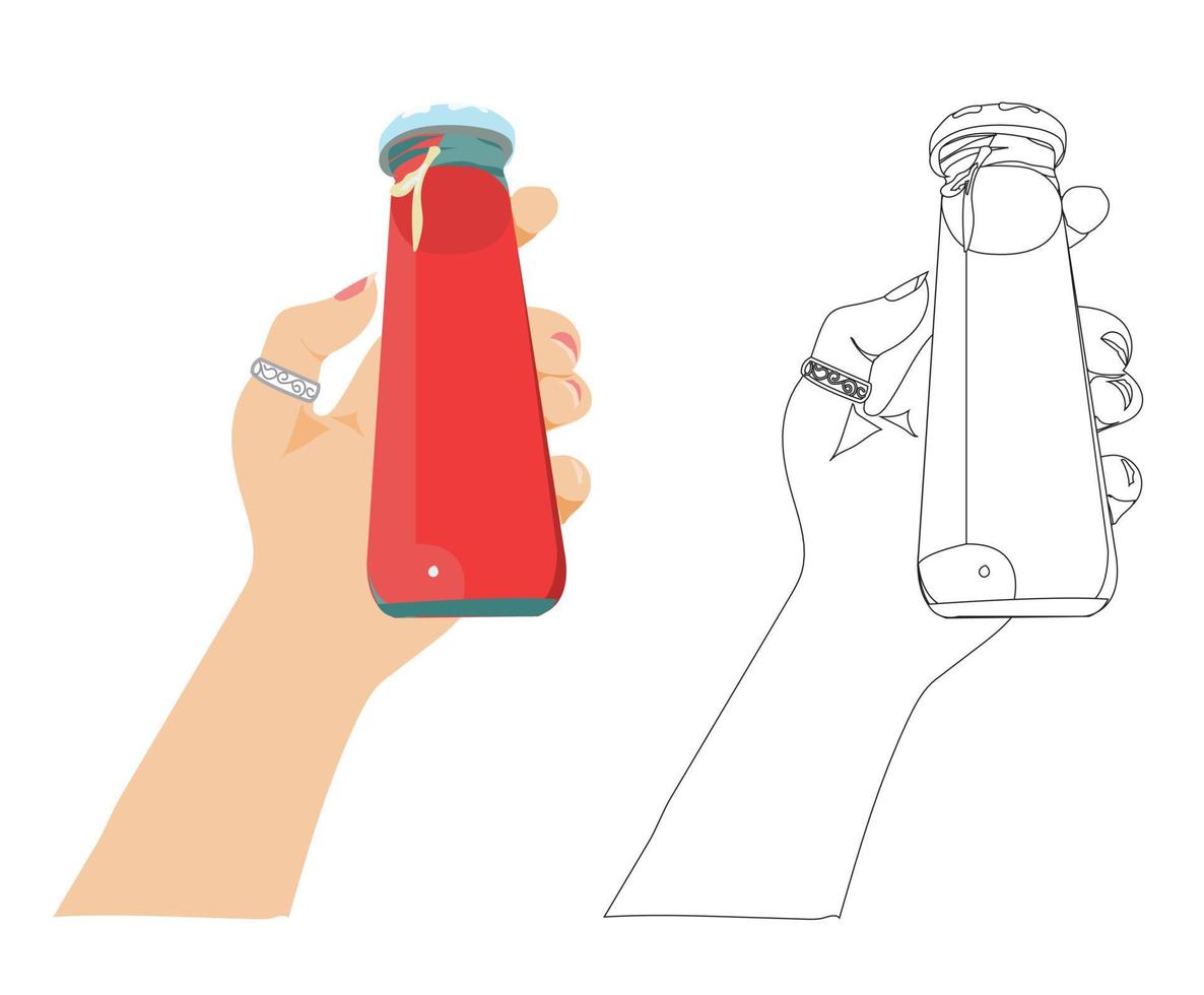 sap in een glazen fles vastgehouden door een menselijke hand. kleuren. doodle stijl, cartoon stijl. vector voorraad illustratie geïsoleerd op een witte achtergrond.