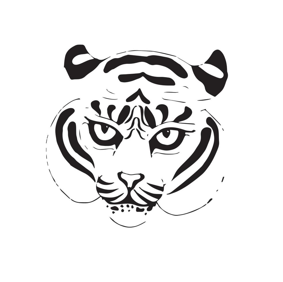 het hoofd van een tijger met een dreigende blik. vector voorraad illustratie in doodle stijl geïsoleerd op een witte achtergrond.