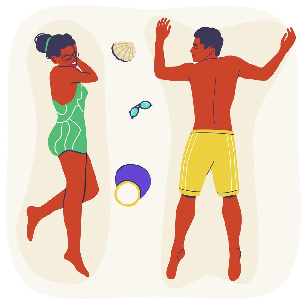 man en vrouw liggend op een zand, bruin worden, bovenaanzicht. paar ontspannen op het strand. een concept van zomervakantie. vector