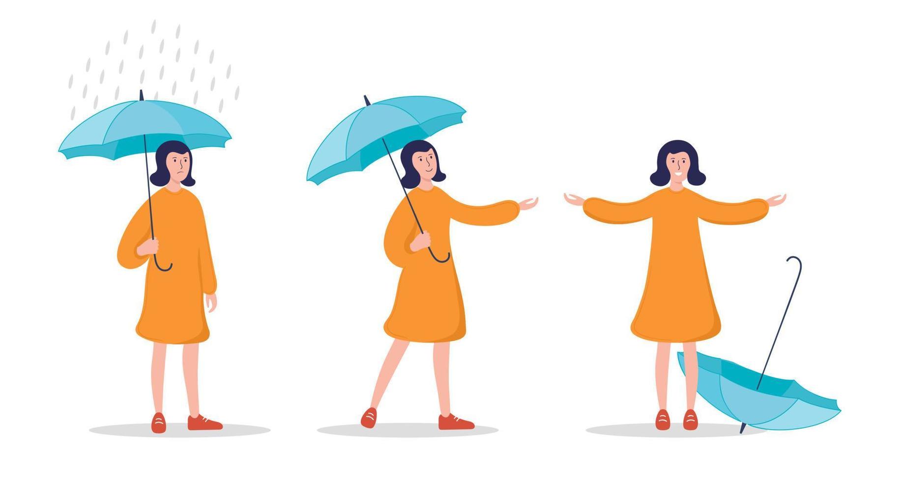 vectorillustratie trieste vrouw met paraplu onder regen. gelukkige vrouw toen de regen ophield vector