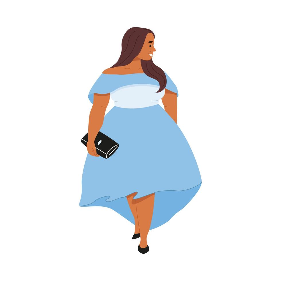 jonge stijlvolle plus size vrouw draagt halflange blauwe jurk, zwarte clutch en schoenen. mollig schattig vrouwelijk personage poseren en glimlachen. cartoon lichaam positieve mensen vector illustratie