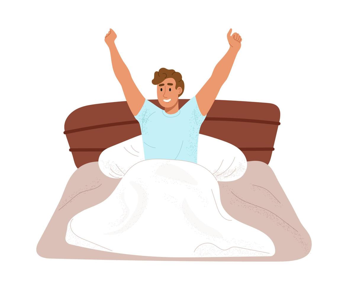 gelukkige jonge man die 's ochtends wakker wordt en zijn armen uitstrekt. lachende man siitting in bed. kleur platte vectorillustratie geïsoleerd op een witte achtergrond vector