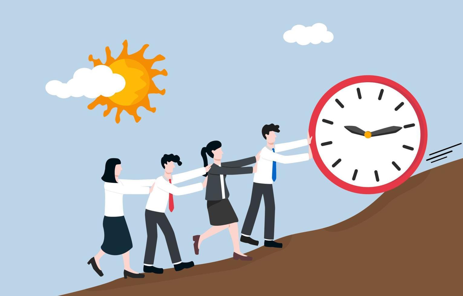 teamwork om het project voor de deadline af te ronden, tijdbeheer in het zakelijke team, samenwerking om te werken tegen het concept van het aftellen van de tijd. zakenmensen die elkaar helpen om de klok naar beneden te duwen. vector