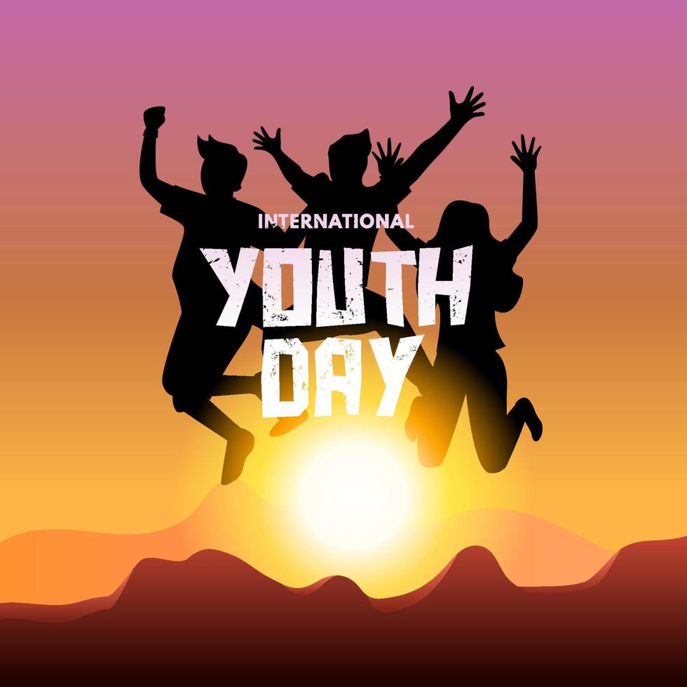 internationale jeugddag poster banner vectorillustratie met silhouet van mensen die over zonsondergang springen vector