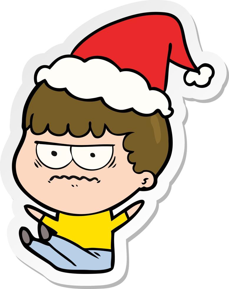 sticker cartoon van een geërgerde man met een kerstmuts vector