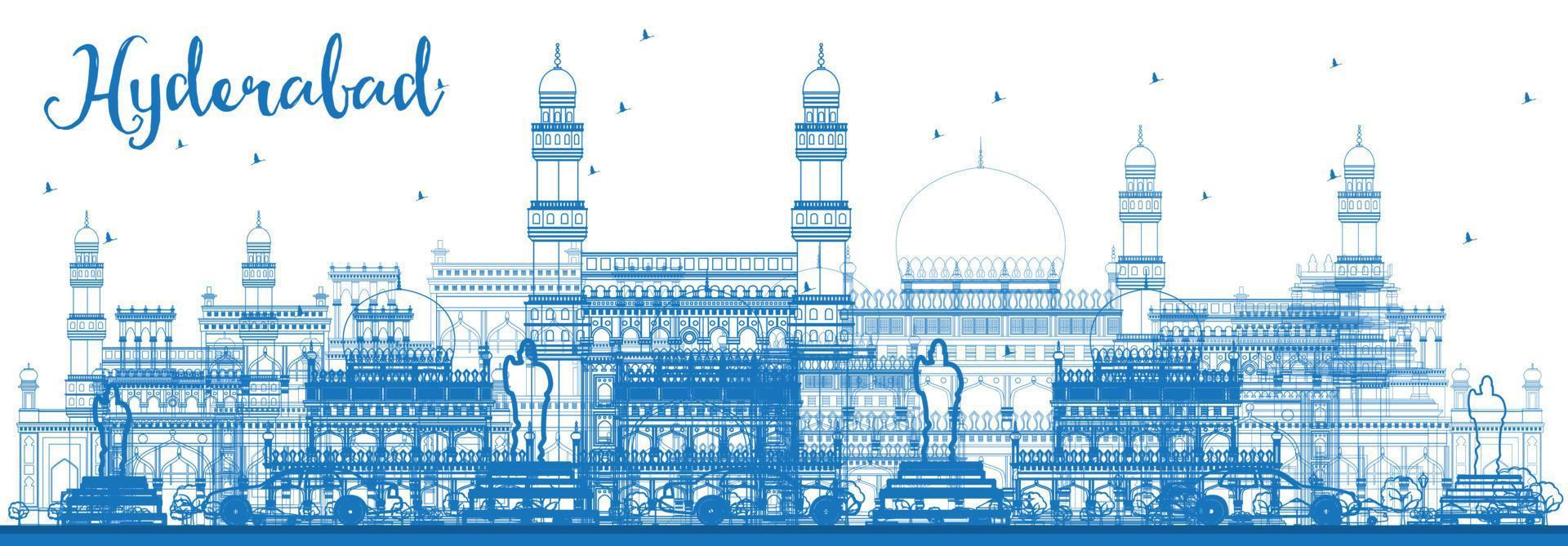 schets hyderabad skyline met blauwe bezienswaardigheden. vector