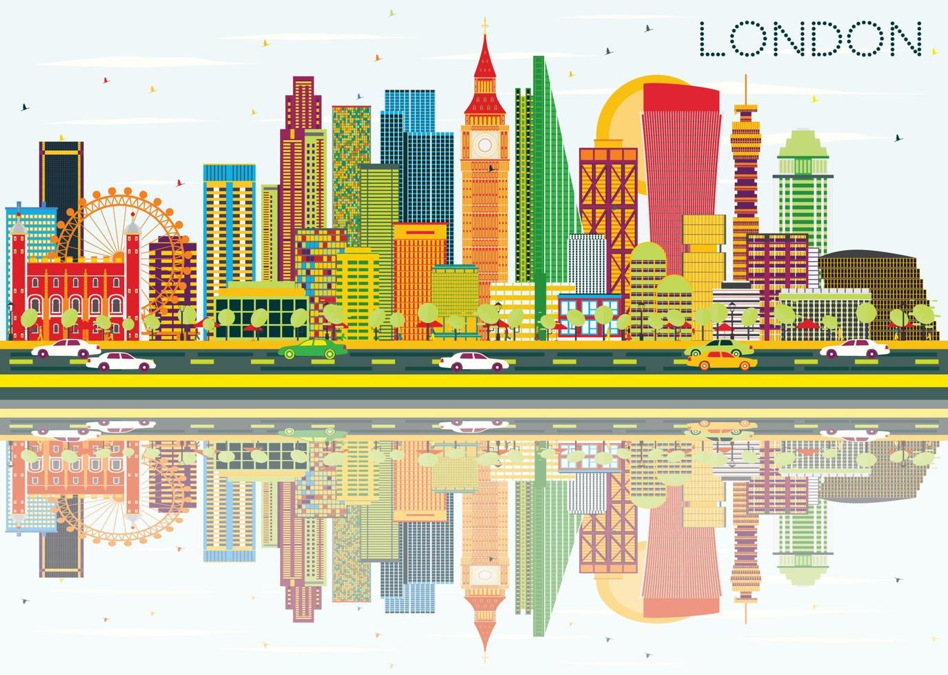 abstracte skyline van Londen met kleur gebouwen en reflecties. vector