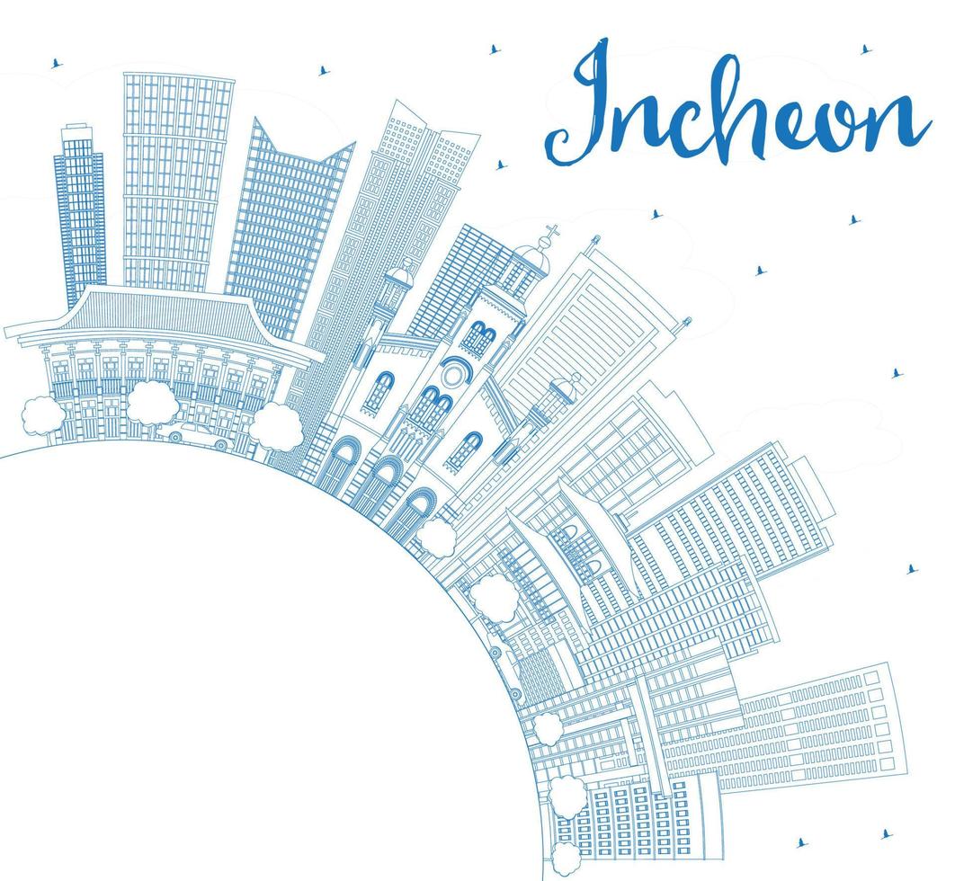 schets incheon skyline met blauwe gebouwen en kopieer ruimte. vector