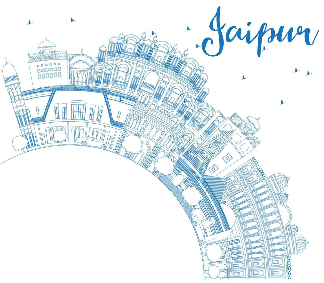 schets de skyline van jaipur met blauwe oriëntatiepunten en kopieer ruimte. vector