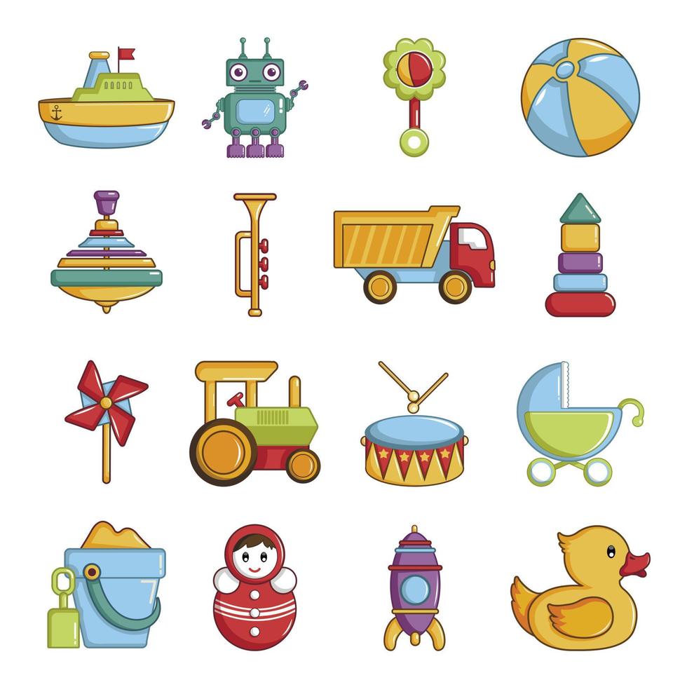 kinderspeelgoed iconen set, cartoon stijl vector