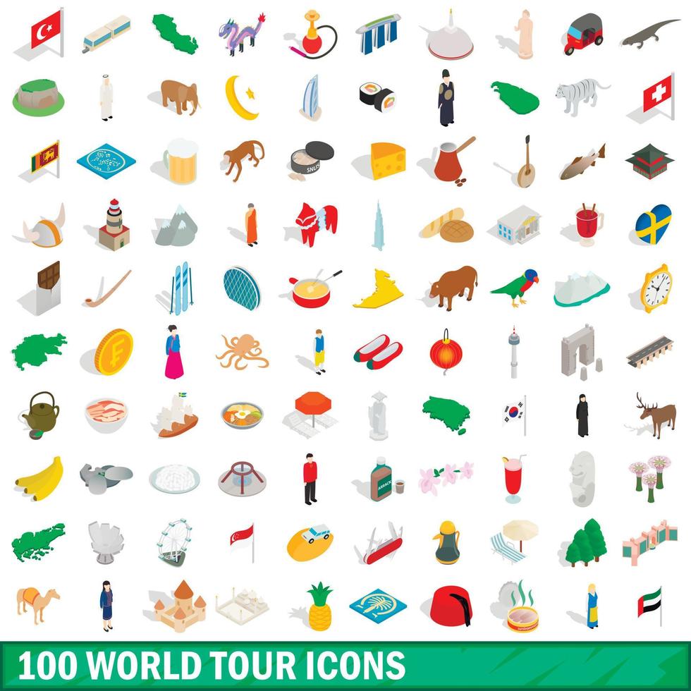 100 wereldtour iconen set, isometrische 3D-stijl vector