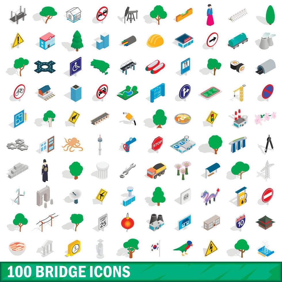 100 brug iconen set, isometrische 3D-stijl vector