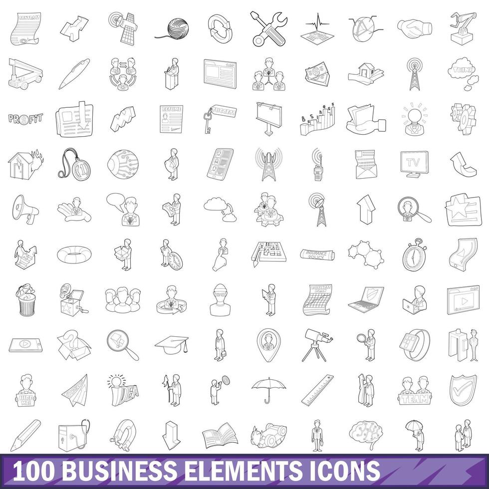 100 zakelijke elementen iconen set, Kaderstijl vector