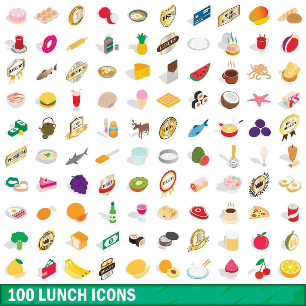 100 lunch iconen set, isometrische 3D-stijl vector