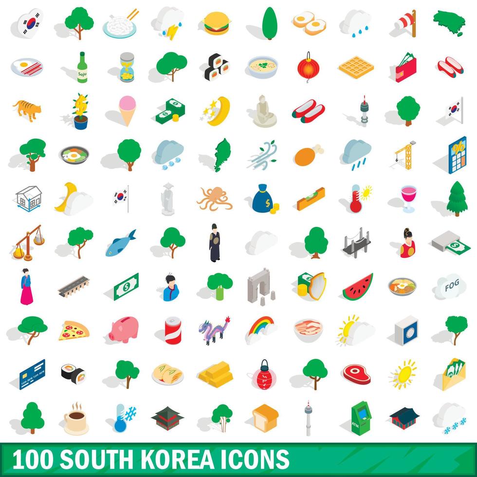 100 zuid-korea iconen set, isometrische 3D-stijl vector