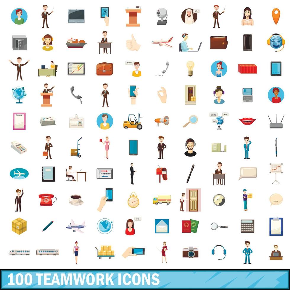 100 teamwerk iconen set, cartoon stijl vector