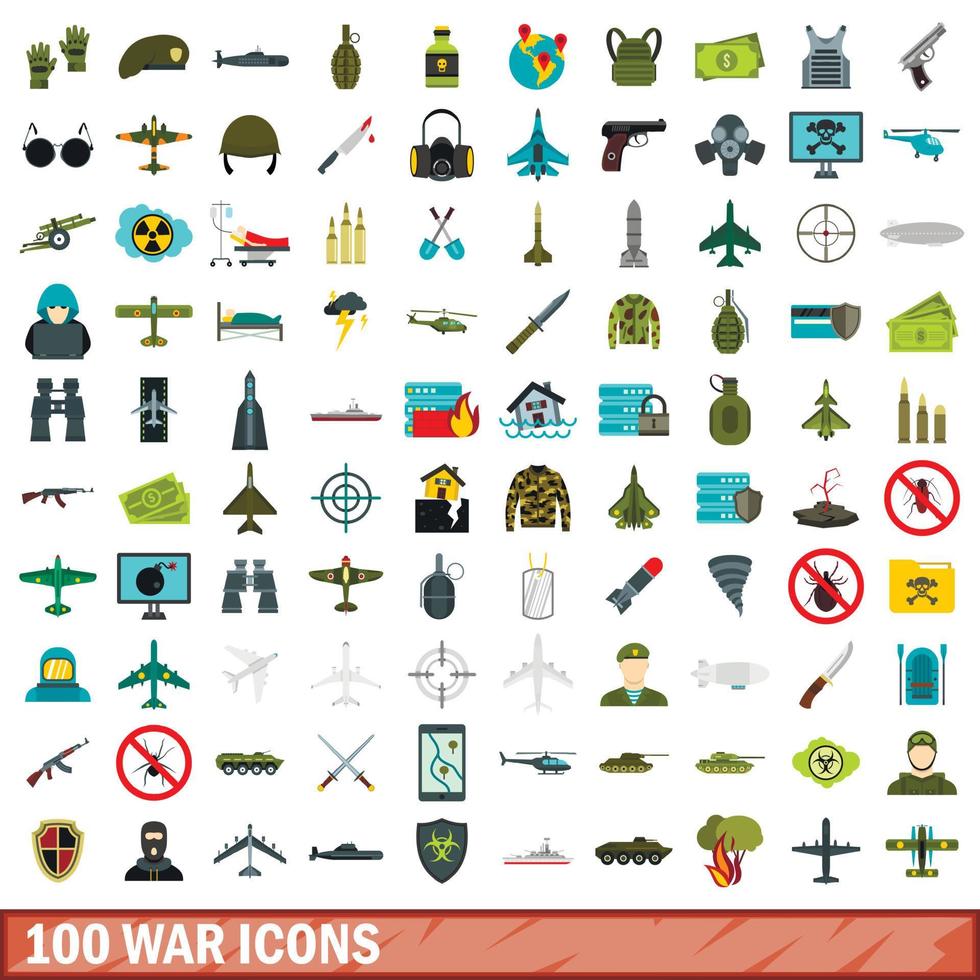 100 oorlog iconen set, vlakke stijl vector