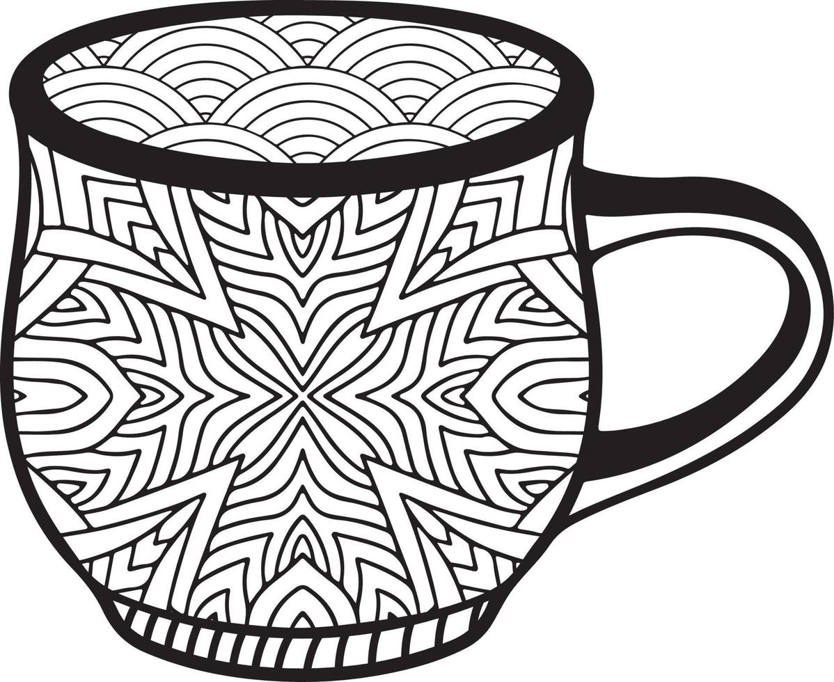 koffiemok of theekop met abstracte patronen in de stijl van zentangle, doodle. hand getekende illustratie, kleurboek voor volwassenen. vector