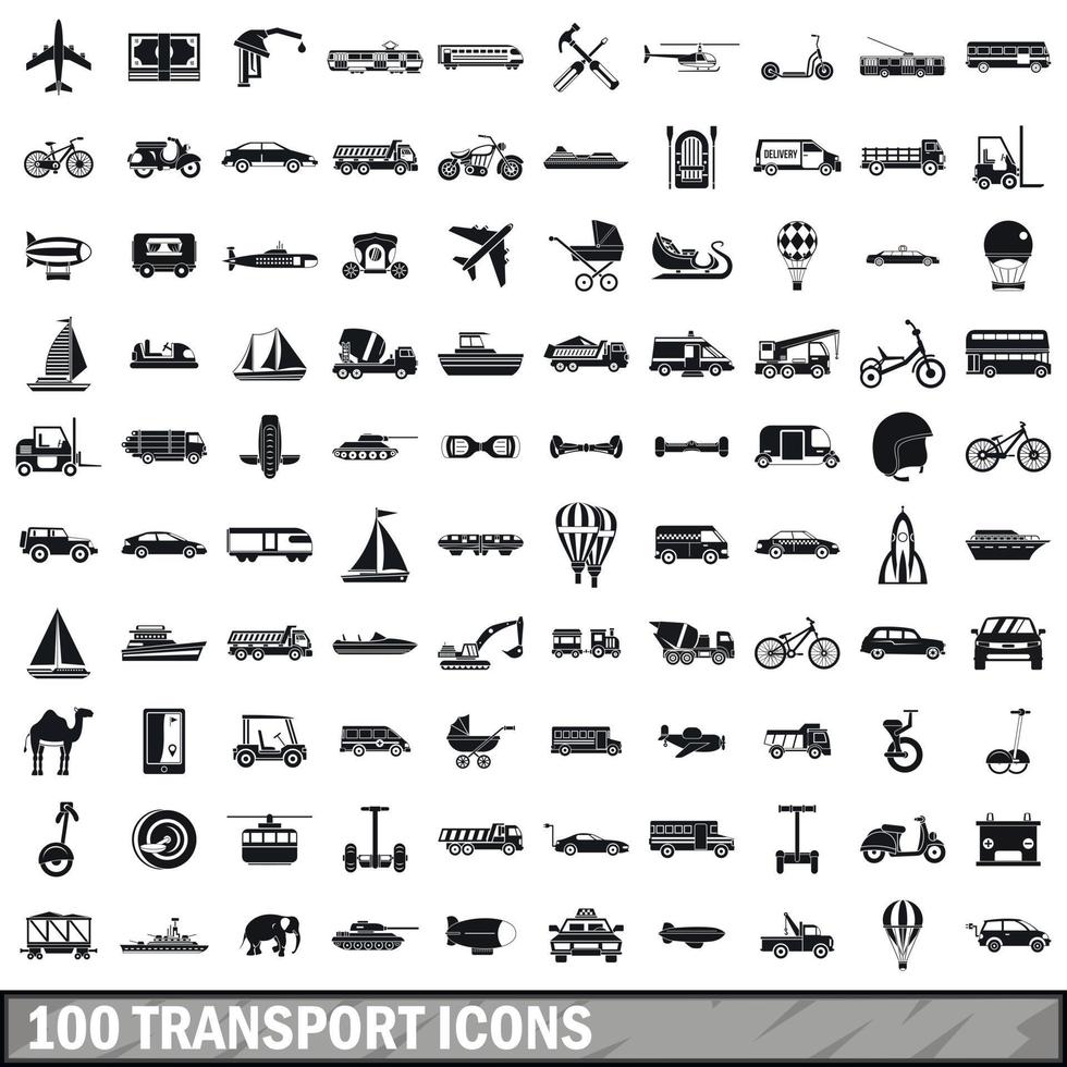 100 transport iconen set, eenvoudige stijl vector