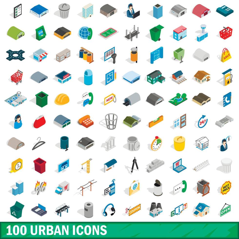 100 stedelijke iconen set, isometrische 3D-stijl vector