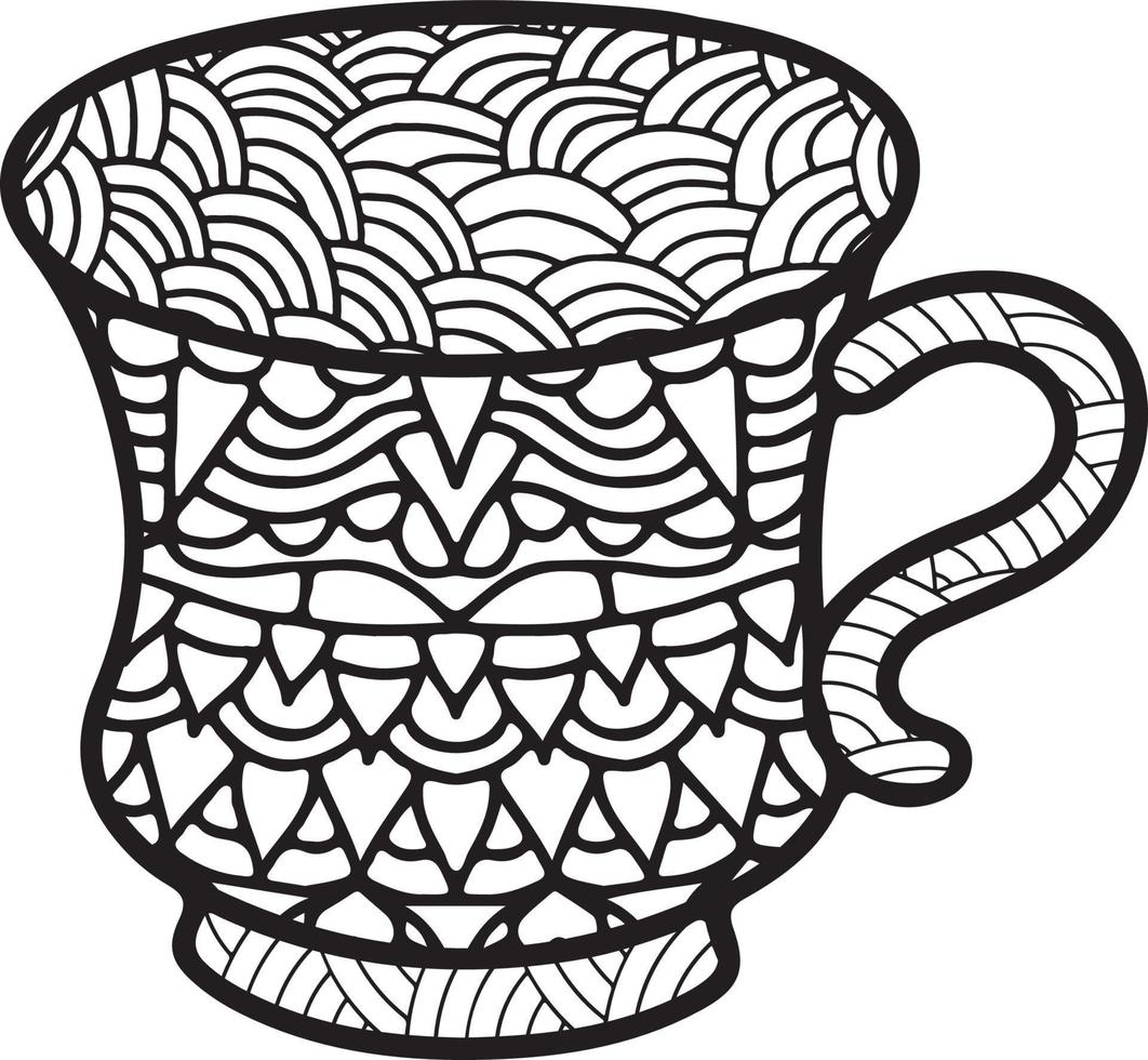 koffiemok of theekop met abstracte patronen in de stijl van zentangle, doodle. hand getekende illustratie, kleurboek voor volwassenen. vector